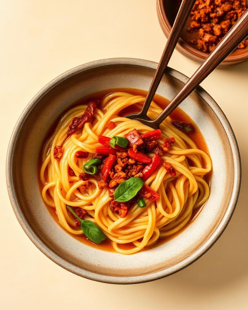 Chili oil crunchy noodles in a bowl
